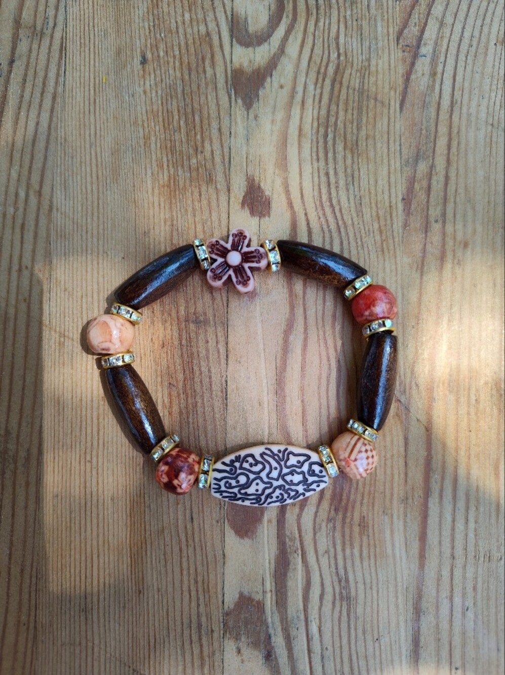 Handmade Neutral Shades of Brown wooden Beads with Gold tone rhinestone spacers